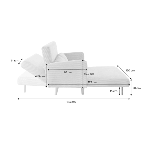 Sofá-cama em veludo canelado com pernas de madeira de 2 lugares, Panam veludo canelado grosso, Cinza escuro, 131x75x81 cm