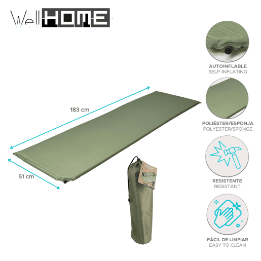 Well Home Tapete autoinflável em poliéster e esponja 183x51x2,5cm cor Verde