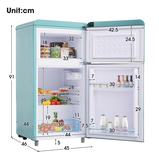 Frigorífico mini retro 91cm 72L de ferro e plástico com 2 portas e luz led,azul