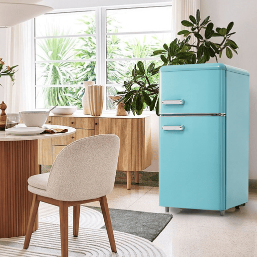 Frigorífico mini retro 91cm 72L de ferro e plástico com 2 portas e luz led,azul