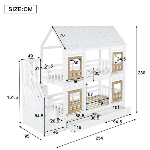 Beliche,cama-casa de madeira de pinho e mdf 90x200cm com 2 gavetas,branco+natural