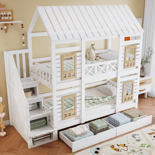 Beliche,cama-casa de madeira de pinho e mdf 90x200cm com 2 gavetas,branco+natural