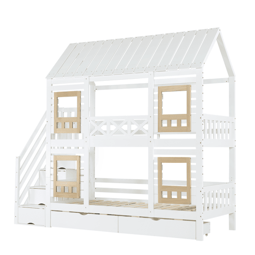 Beliche,cama-casa de madeira de pinho e mdf 90x200cm com 2 gavetas,branco+natural