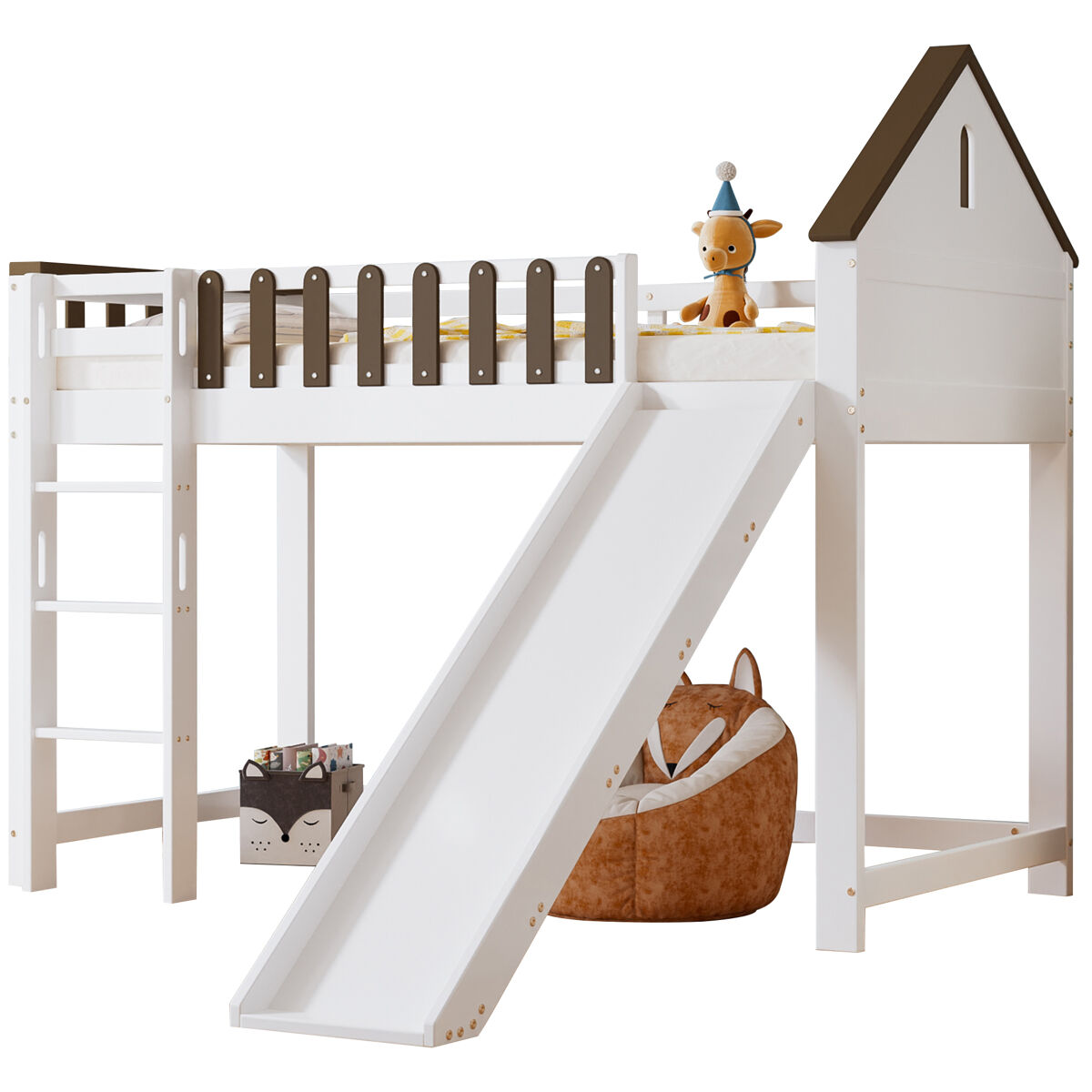 cama alta infantilcama individual de madera de pino y mdf 90x200cm con toboganescalera y proteccion contra caidasblanco