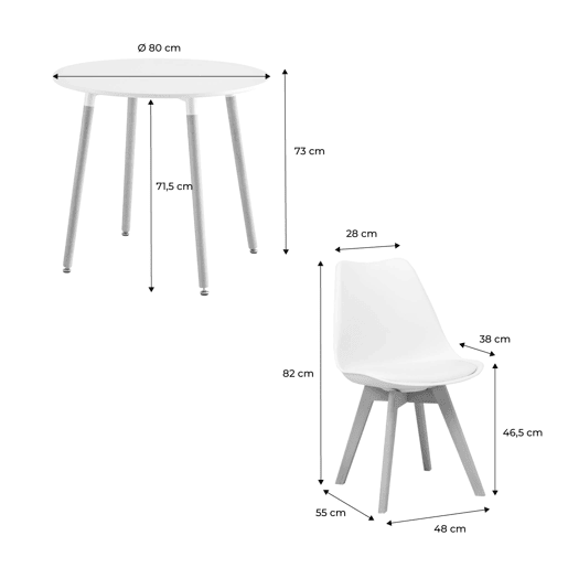 Mesa de jantar redonda escandinava de madeira 2 cadeiras, Hedvig, Branco, 80x80x73 cm