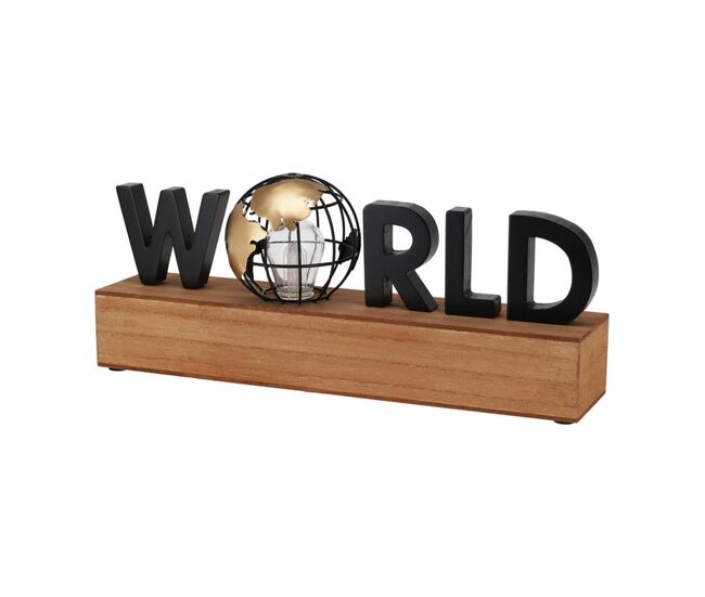Well home lámpara con texto led ''world'' - decoración moderna en mdf y hierro 38x8x15cm