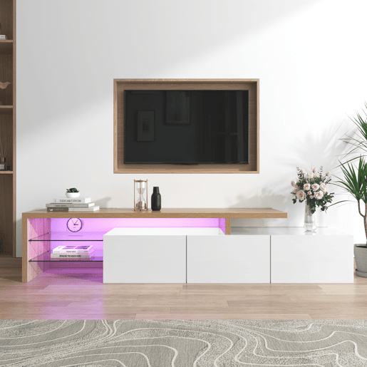 Móvel de TV 197,5cm de mdf com 3 portas e luz led,branco+natural
