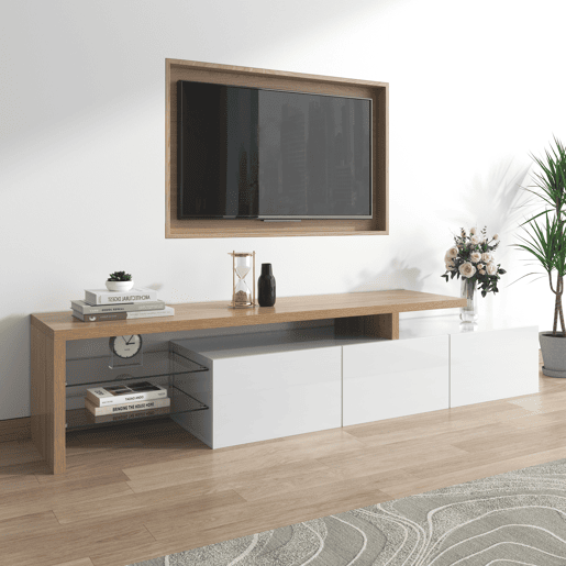 Móvel de TV 197,5cm de mdf com 3 portas e luz led,branco+natural