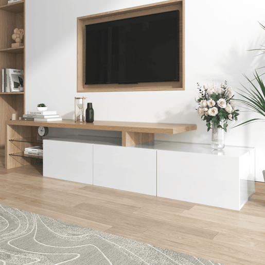 Móvel de TV 197,5cm de mdf com 3 portas e luz led,branco+natural