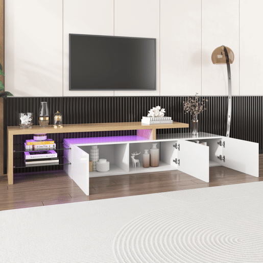 Móvel de TV 197,5cm de mdf com 3 portas e luz led,branco+natural