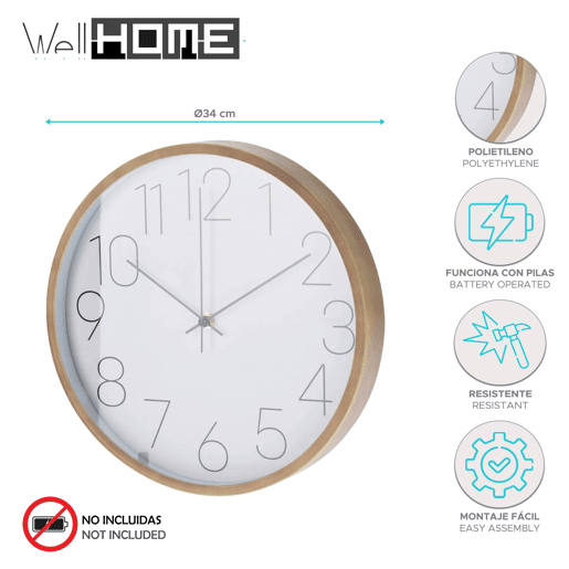 Relógio de parede moderno Well Home - ponteiros finos Ø30,5cm
