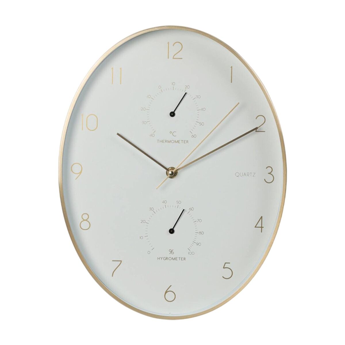 Well home reloj de pared de aluminio con borde dorado, termómetro e higrómetro de 34,5x27,1cm