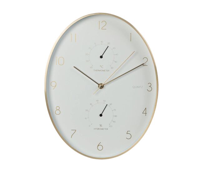 Well home reloj de pared de aluminio con borde dorado, termómetro e higrómetro de 34,5x27,1cm