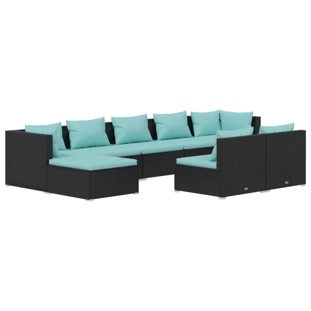 Set de muebles de jardín 9 pzas y cojines ratán sintético negro