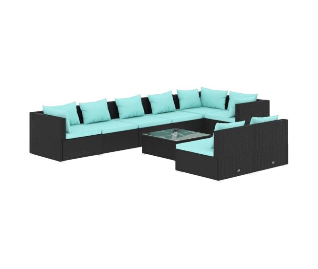 Set de muebles de jardín 9 pzas y cojines ratán sintético negro