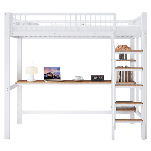 Cama alta para crianças,cama de solteiro de metal e mdf 90x200cm,branco+natural