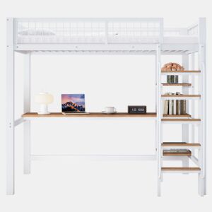 Cama alta para crianças,cama de solteiro de metal e mdf 90x200cm,branco+natural