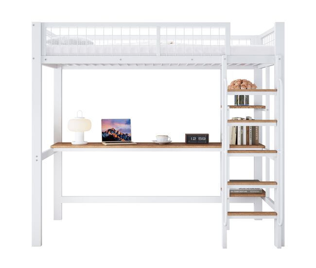 Cama alta infantil,cama individual de metal y mdf 90x200cm con mesa,estante,escalera y protección contra caídas,blanco+natural