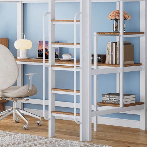 Cama alta para crianças,cama de solteiro de metal e mdf 90x200cm,branco+natural