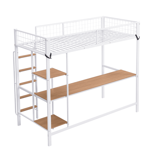 Cama alta para crianças,cama de solteiro de metal e mdf 90x200cm,branco+natural