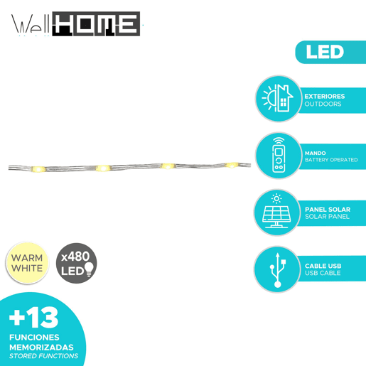 Well Home Luzes de corda solares recarregáveis u200Bu200Bde 480 luzes LED