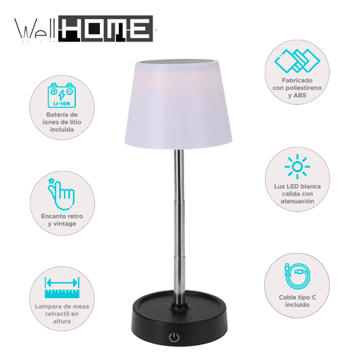 Candeeiro de mesa retrátil Well Home com luz LED SMD quente