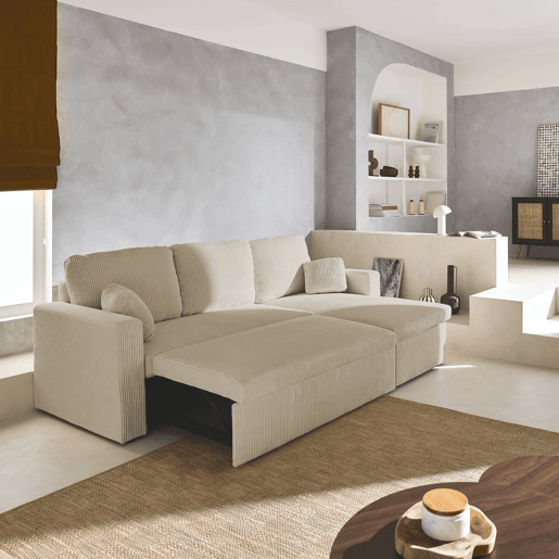 Sofá-cama de canto conversível de 3 lugares, Ida veludo canelado, Cinza bege, 219x81x68 cm