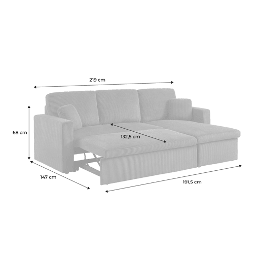 Sofá-cama de canto conversível de 3 lugares, Ida veludo canelado, Cinza bege, 219x81x68 cm