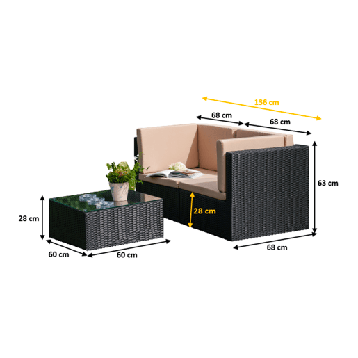 Conjunto de mobiliário de jardim de 2 lugares Cancun Preto