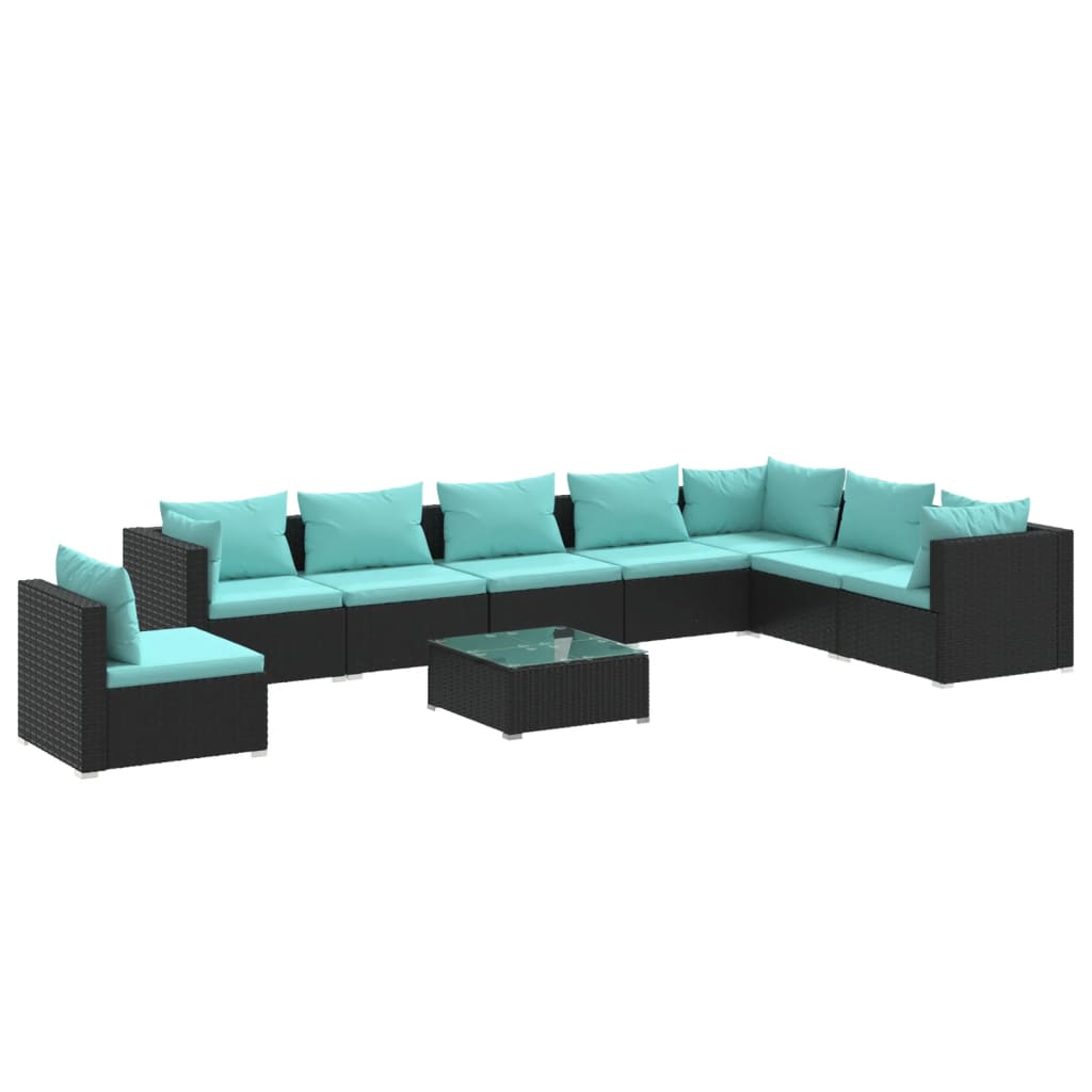 Set de muebles de jardín 9 pzas y cojines ratán sintético negro