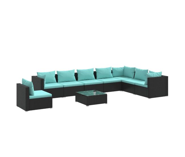 Set de muebles de jardín 9 pzas y cojines ratán sintético negro