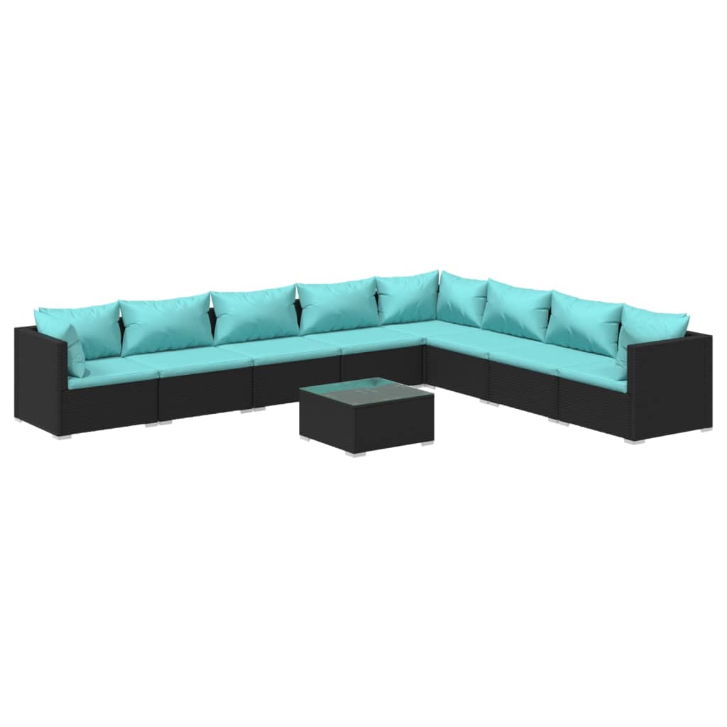 Set de muebles de jardín 9 pzas y cojines ratán sintético negro