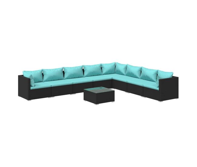 Set de muebles de jardín 9 pzas y cojines ratán sintético negro