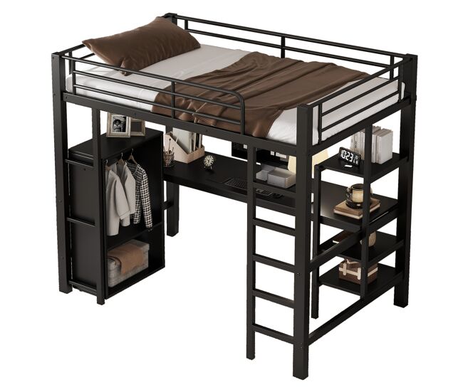 Cama alta infantil,cama individual de metal 90x200cm con mesa,armario,estante,escalera y protección contra caídas,negro
