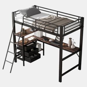 Cama alta para crianças,cama de solteiro de metal e panel de partículas 90x200cm com 3 gavetas,preto