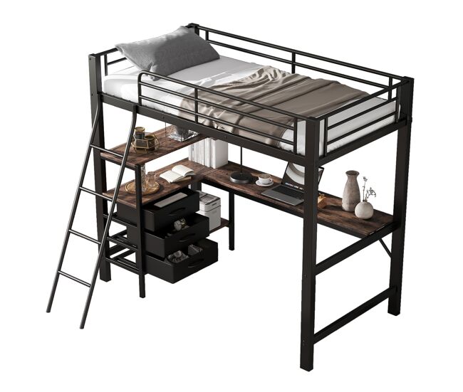 Cama alta infantil,cama individual de metal y panel de partículas 90x200cm con 3 cajones,mesa,estante,escalera y protección contra caídas,negro