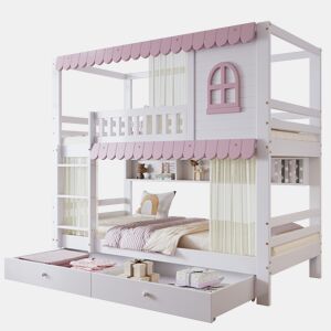 Beliche de madeira de pinho e mdf 90x200cm com 2 gavetas,rosa
