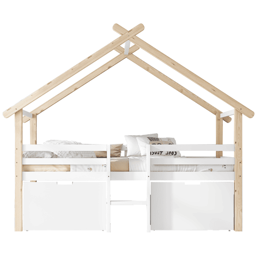 Cama alta cabaña infantil,cama de solteiro de madeira de pinho e mdf 90x200cm com 2 gavetas,branco