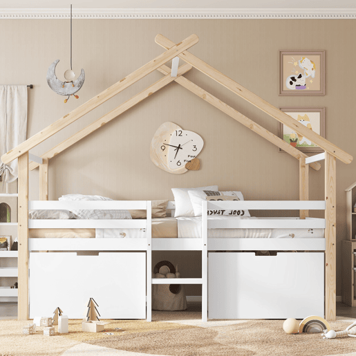 Cama alta cabaña infantil,cama de solteiro de madeira de pinho e mdf 90x200cm com 2 gavetas,branco