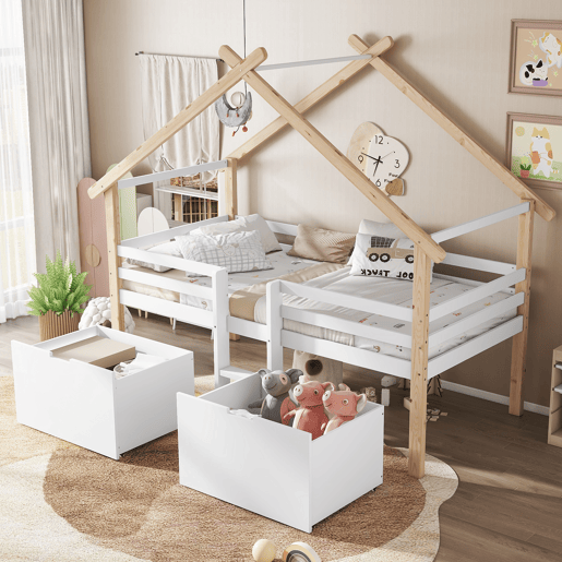 Cama alta cabaña infantil,cama de solteiro de madeira de pinho e mdf 90x200cm com 2 gavetas,branco