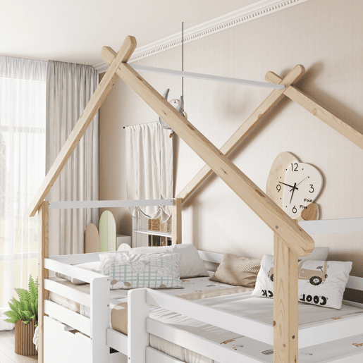Cama alta cabaña infantil,cama de solteiro de madeira de pinho e mdf 90x200cm com 2 gavetas,branco