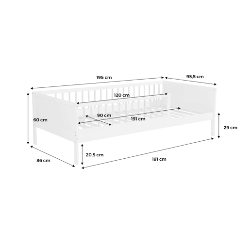 Cama infantil em pinho natural com ripas incluídas, Elio, Branco, 195x95.5x60 cm