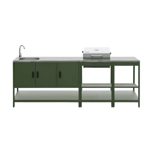 Cozinha exterior aço inoxidável com churrasqueira a carvão, 3 módulos, Naxos, Verde, 60x58.5x138 cm