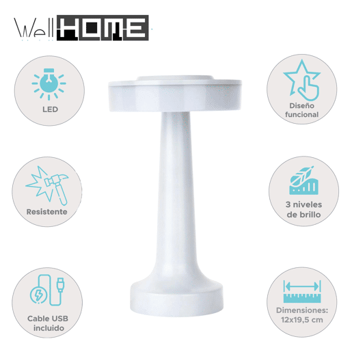 Candeeiro de mesa Well Home com controlo táctil e bateria recarregável