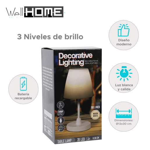 Candeeiro de mesa LED recarregável Well Home com 3 níveis de brilho