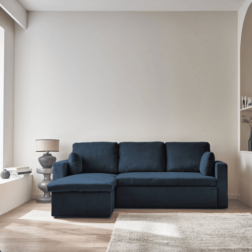 Sofá-cama de canto conversível de veludo canelado grosso de 3 lugares, Ida veludo canelado, Azul, 219x84x68 cm