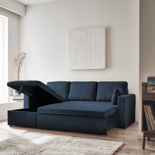 Sofá-cama de canto conversível de veludo canelado grosso de 3 lugares, Ida veludo canelado, Azul, 219x84x68 cm