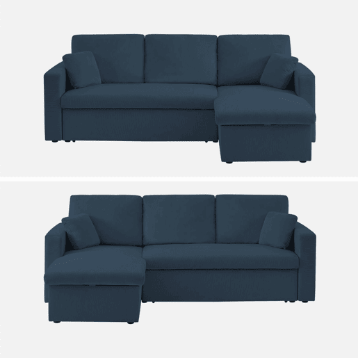 Sofá-cama de canto conversível de veludo canelado grosso de 3 lugares, Ida veludo canelado, Azul, 219x84x68 cm