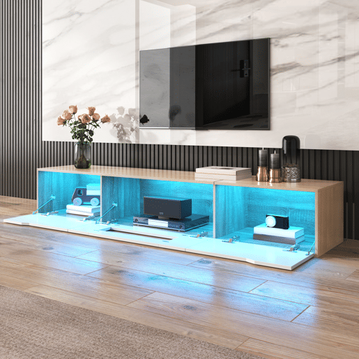 Móvel de TV 180cm de painel de partículas com luz lED e portas,branco+natural