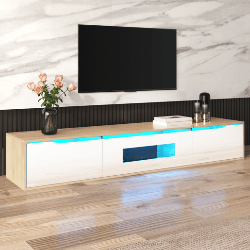 Móvel de TV 180cm de painel de partículas com luz lED e portas,branco+natural